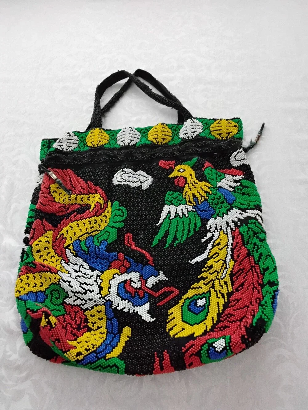 Vendora Hand-Beaded Drawstring Tote with Multicolor Embroidery Dragon & Phoenix - Picture 3 of 6